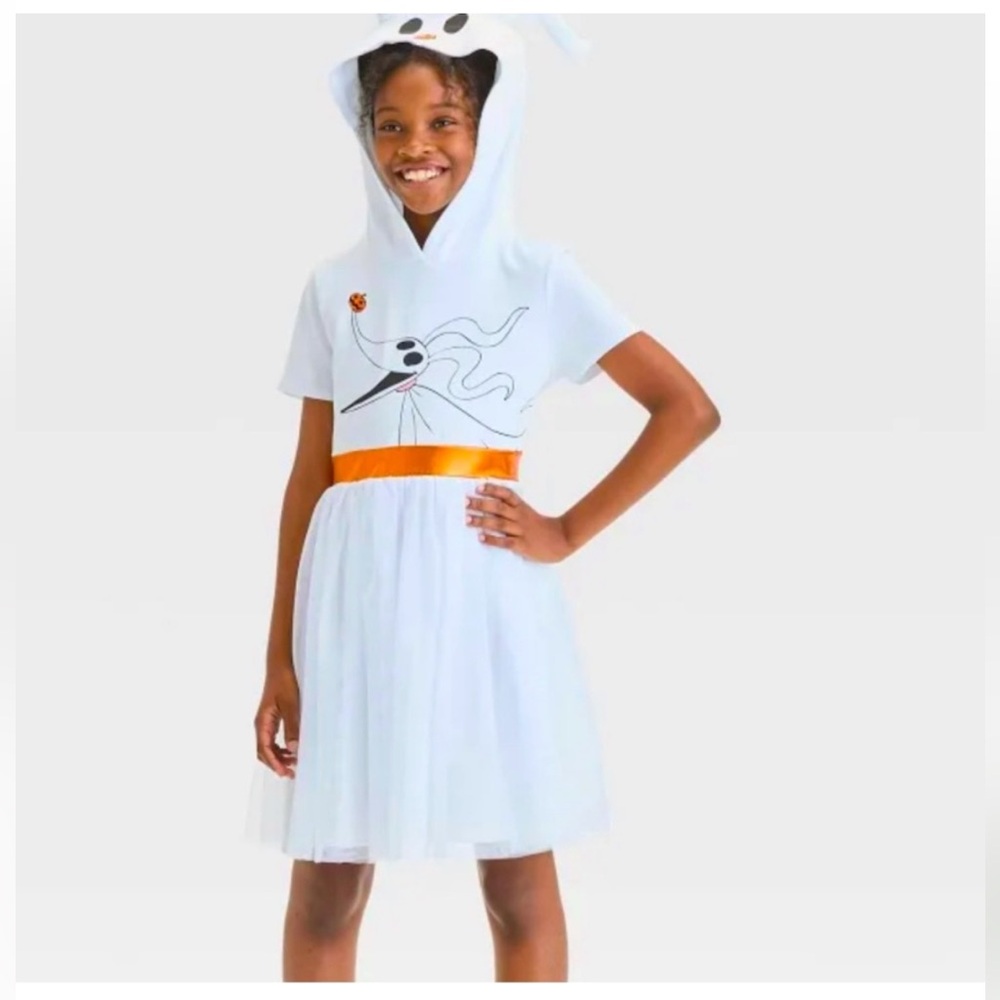 Nightmare Before Christmas Girls White Tulle Halloween Dress Zero Dog Hood